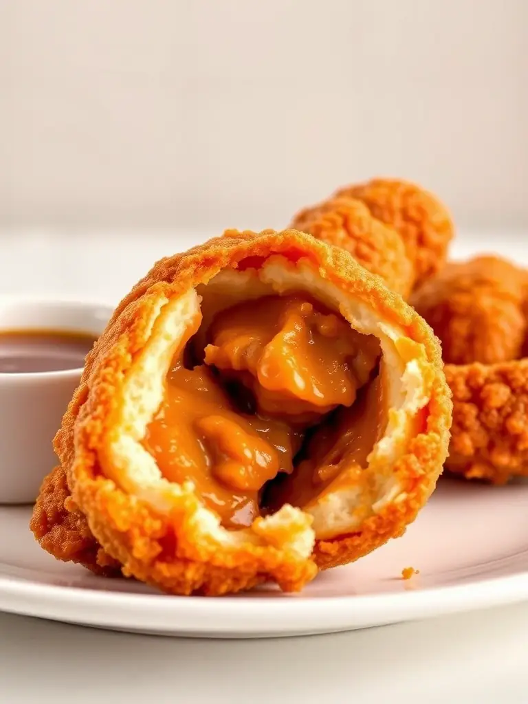 A close-up studio shot of Jollibee's Chickenjoy, showcasing its crispy skin and juicy meat, presented on a white plate with a side of gravy.