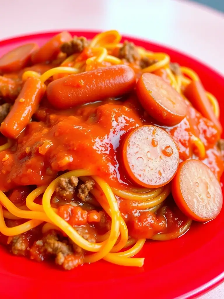 A vibrant photo of Jollibee's Jolly Spaghetti, highlighting the sweet-style sauce, sliced hotdogs, and ground meat toppings in a red plate.