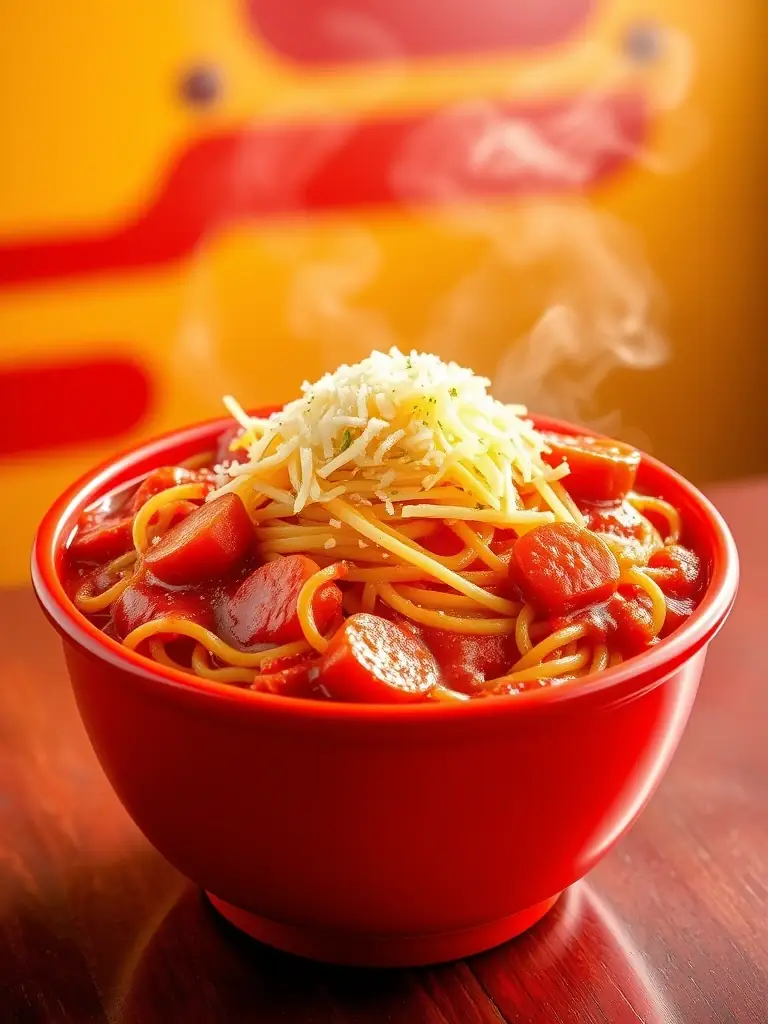 A vibrant photo of Jollibee's Jolly Spaghetti, highlighting the sweet-style sauce, sliced hotdogs, and grated cheese, served in a red bowl.
