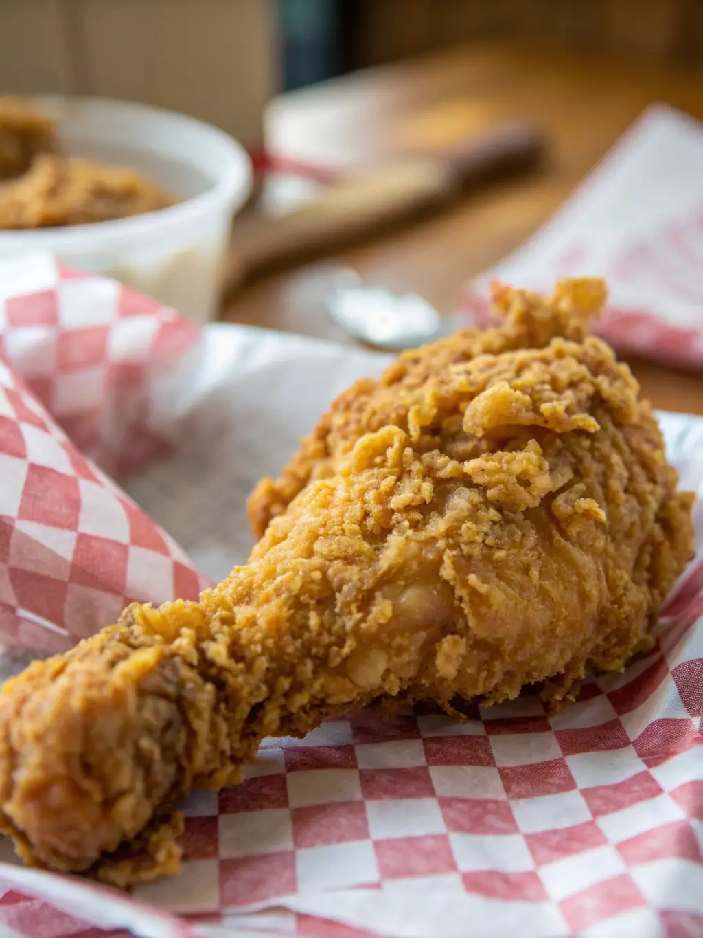 A close-up studio shot of Jollibee's Chickenjoy, showcasing its crispy skin and juicy meat, presented on a white plate with a side of gravy.
