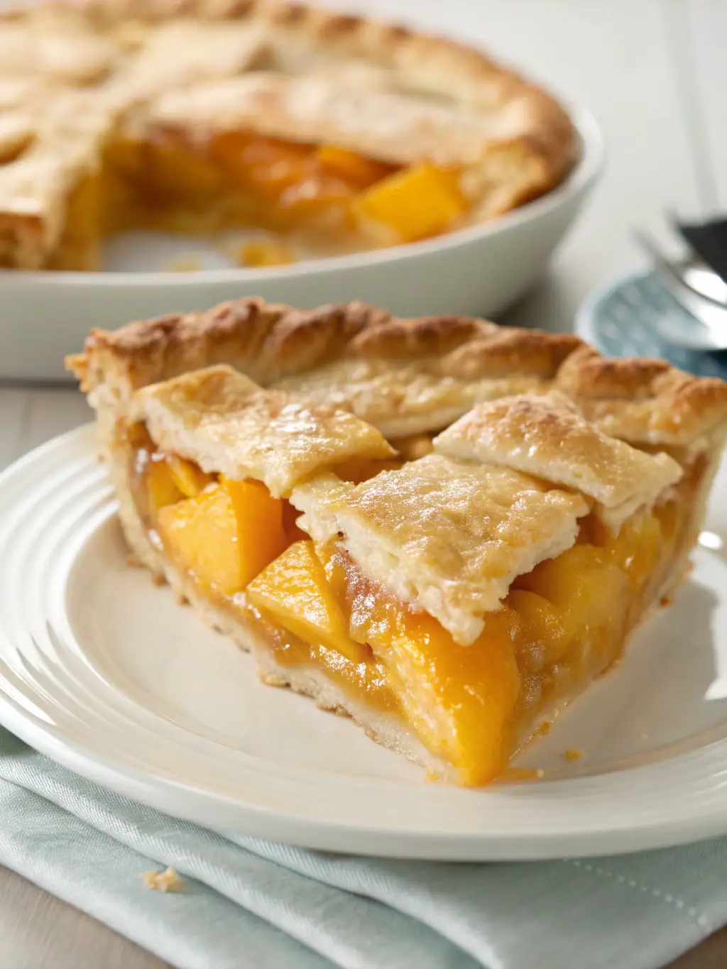 A tempting photo of Jollibee's Peach Mango Pie, showcasing its golden-brown crust and the sweet filling oozing out, displayed on a dessert plate.